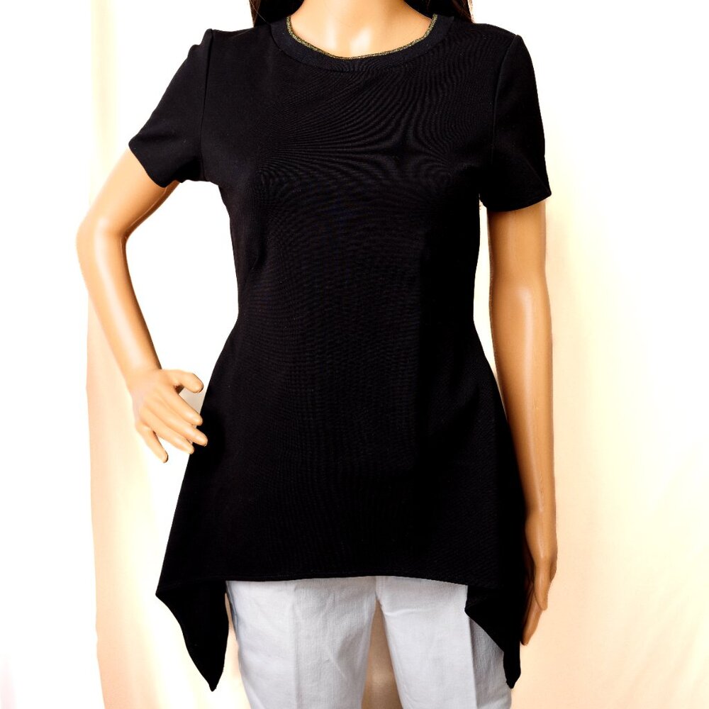 DKNY Donna Karan New York XS Short Sleeve Top Black Handkerchief Hem Gold Trim